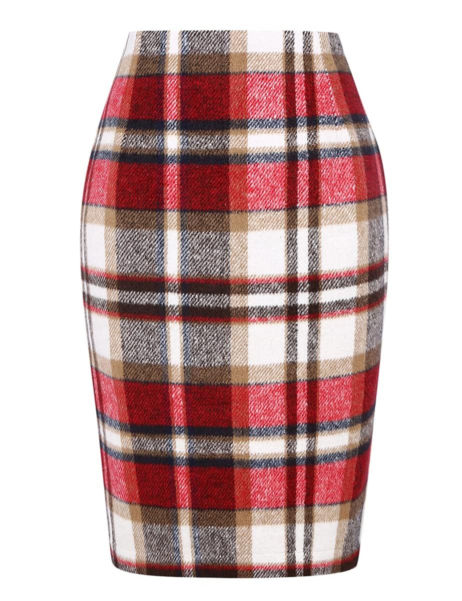 IDEALSANXUN Women's Skirts Pencil Plaid Fall Winter High Waisted Bodycon Knee Length Wool Midi Skirt with Slit, Wine, X-Large