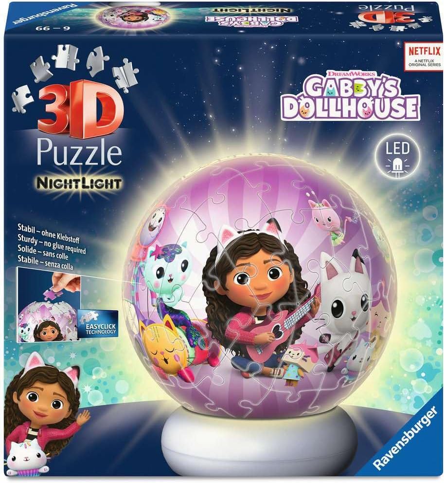 Ravensburger 3D Puzzle Gabby's Dollhouse - 3D Puzzle Children from 6 Years - Puzzle Ball with LED Night Light as Bedside Lamp for Children - Gabby's Dollhouse Gifts for Girls and Boys - 12008059