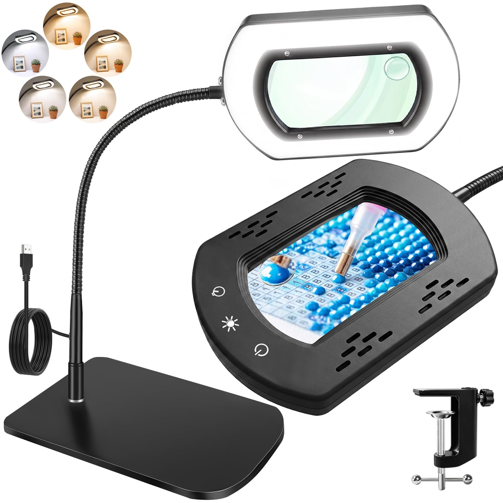 Loupe rectangulaire 10x avec lumière et support et pince en aluminium, 5 modes de couleur, intensité variable en continu, col de cygne flexible - Cette lampe loupe est idéale pour la lecture et la
