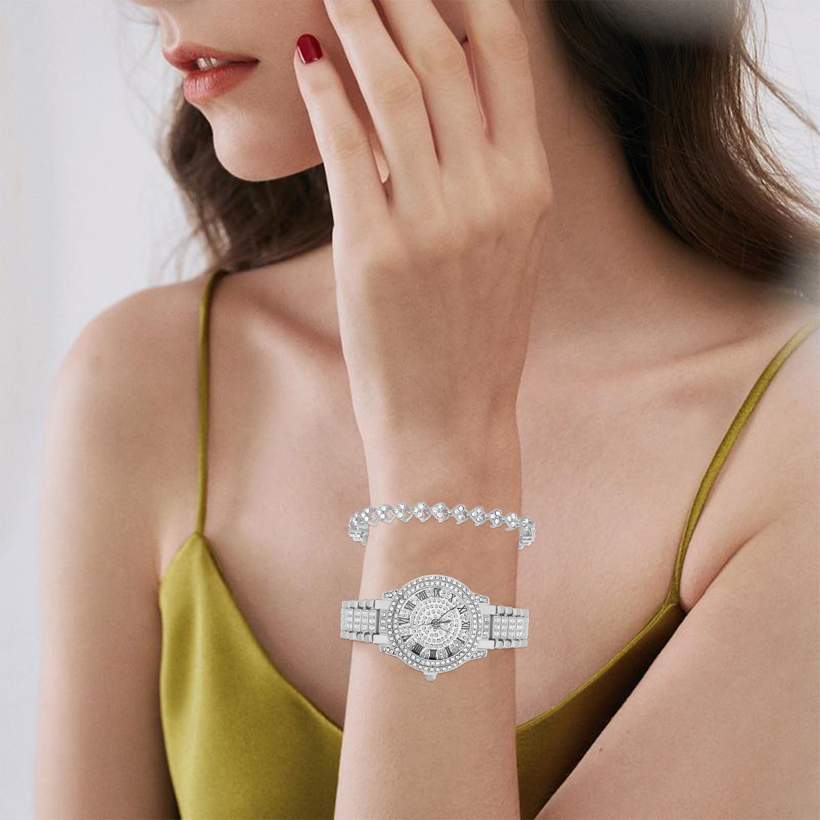 NEWITIN 2 Pieces Women Diamond Watch Bracelet Set Luxury Fashion Jewelry Cubic Zirconia Wristwatch Bracelet Gold Watch Jewelry Set for Women