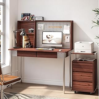 JOMEED Computer Desk with Hutch & DIY Pegboard Board, 47 Inch Modern Home Office Study Writing Desk with Bookshelf & 2 Drawers, Workspace for Work and Study, Walnut