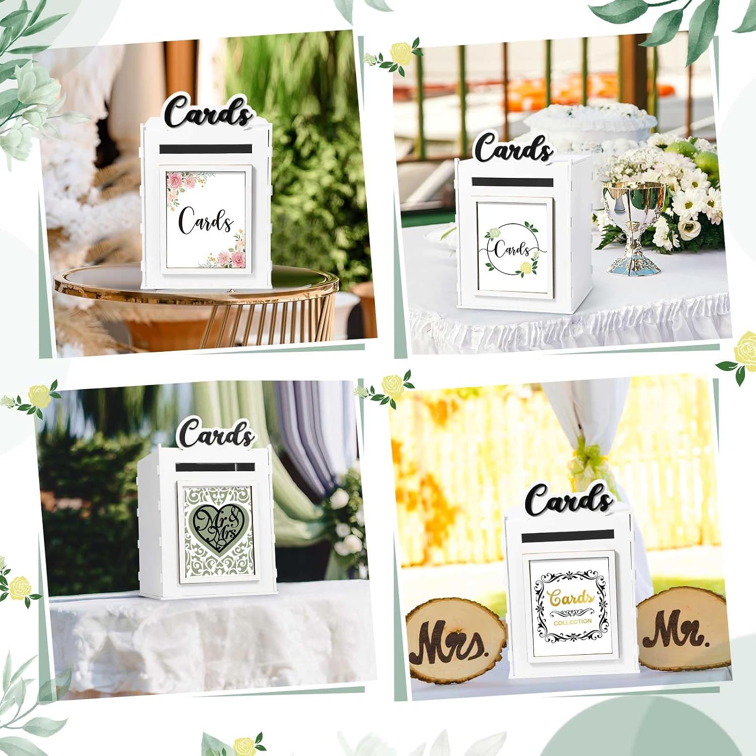 MotiMind White Wedding Card Box with Lock Key - 8 Swappable Event Cards - DIY Insert Frame - Rustic Wooden Wedding Card Box for Engagement Reception Anniversary Decorations, 11 x 7.5 x7 inch
