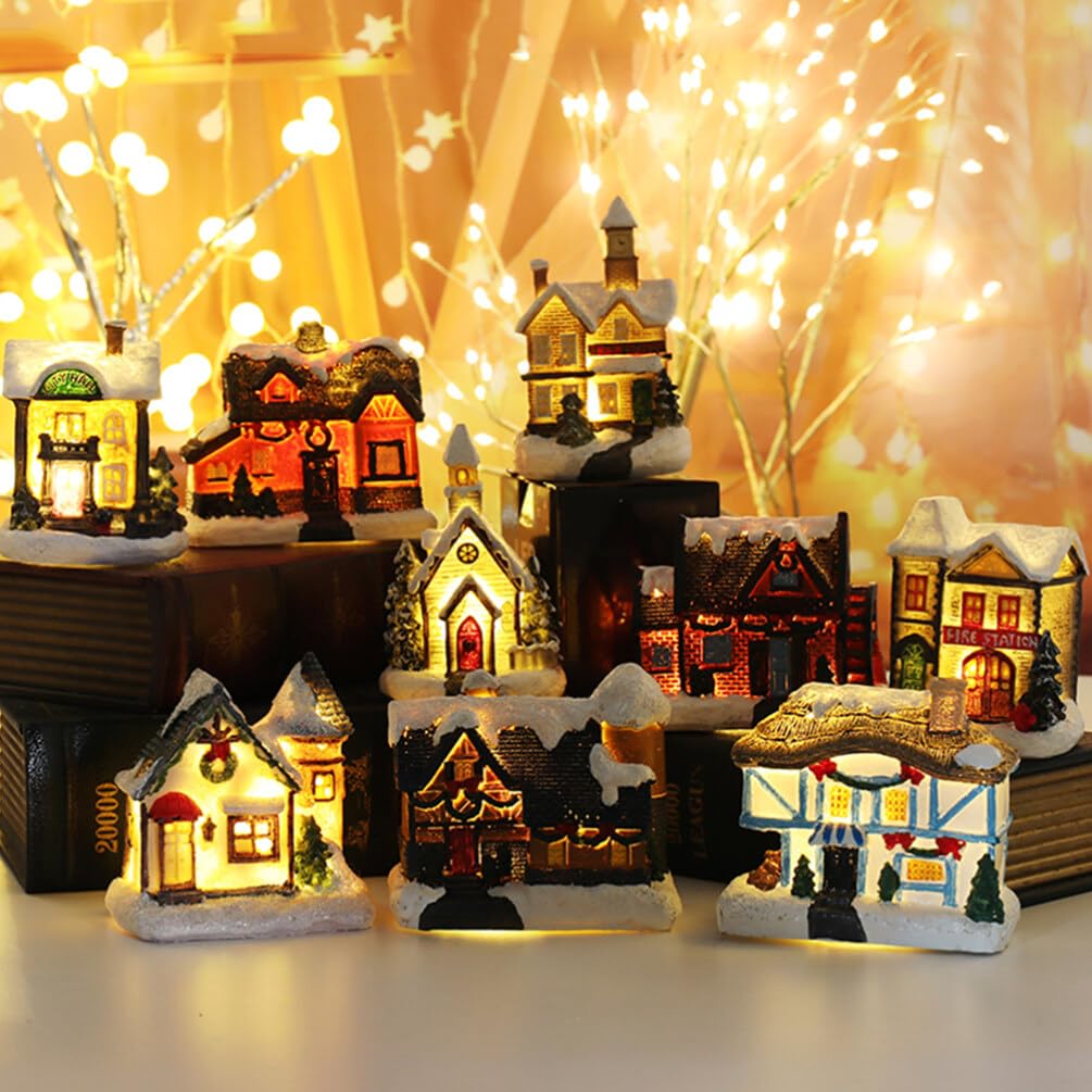 Uonlytech 4 piezas Navidad casa luminosa led pueblo bricolaje cabaña de resina modelo colgante adornos para árbol de Navidad decoración de mesa del hogar
