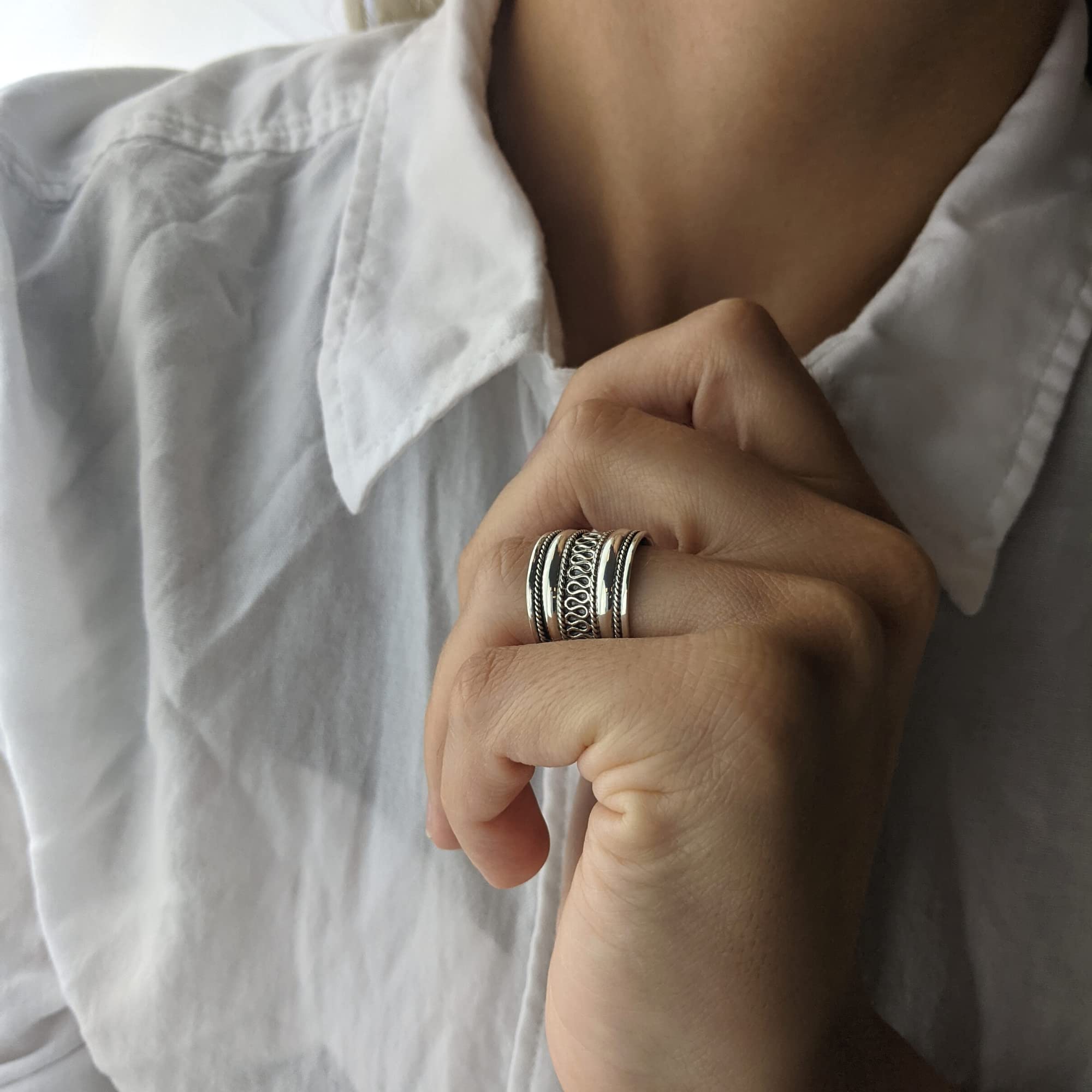Silverly Daumenringe für Damen | 15,3mm Breite Sterlingsilberringe im Seildesign | 925 Silber Klobiger Herrenring | Bali-Schmuck mit Schriftrollen | Bohemian I Love You Geschenke für Sie und Ihn