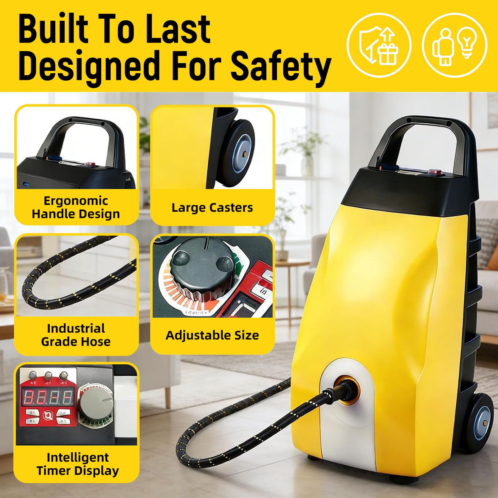 Pulitore a Vapore ad Alta Pressione per Uso Professionale. Yellow | Pulitore a vapore portatile, serbatoio capiente da 3,5 l, 6 accessori inclusi, per pavimenti, grasso e griglie.
