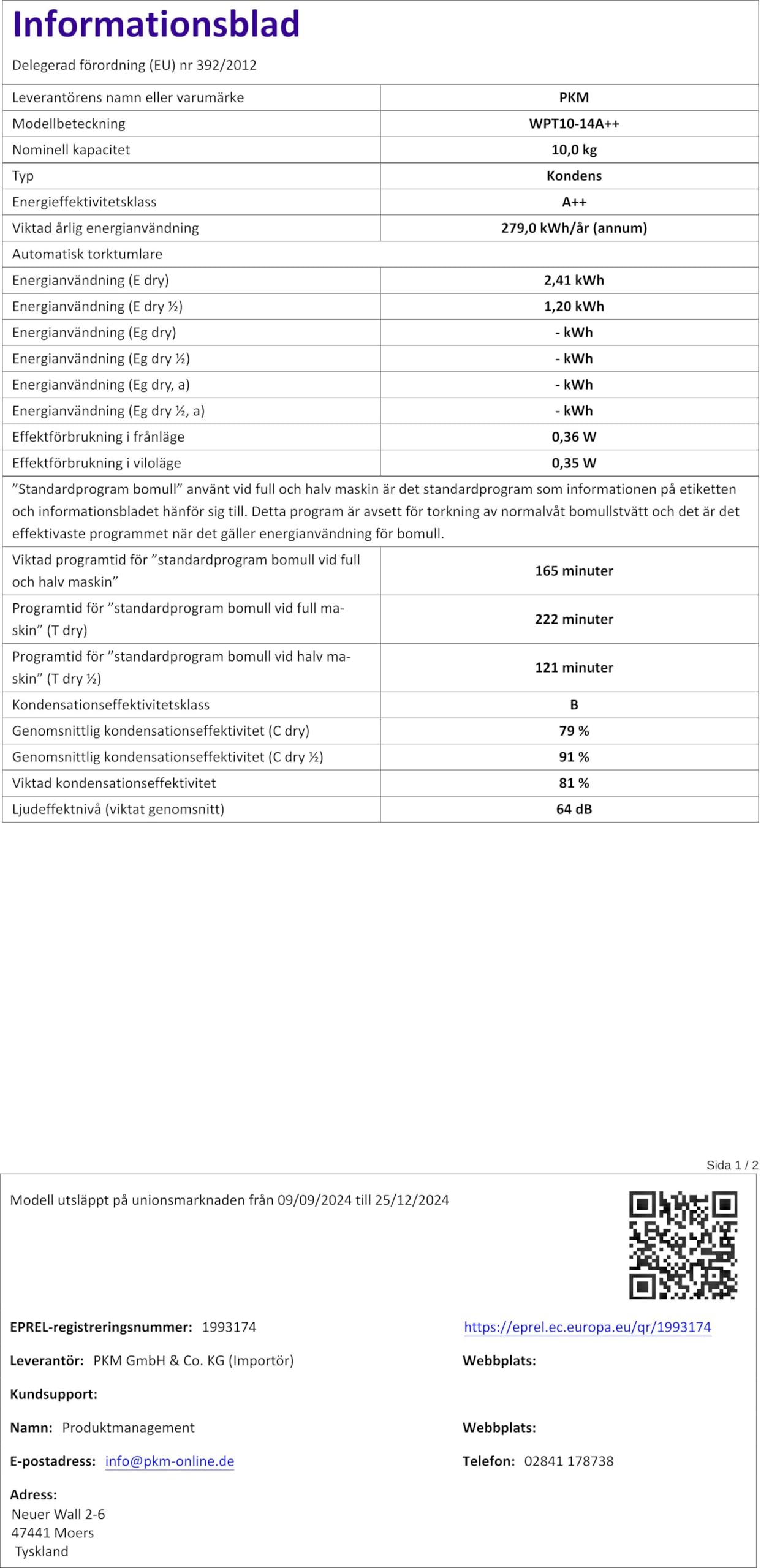 PKM Secador de bomba de calor WPT10-14A++ 10 kg wh A++ (envío de expedición)