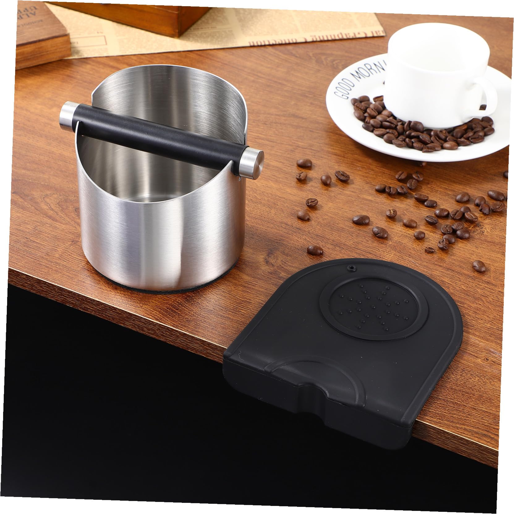 Recipiente con Barra de Golpeteo Extraíble y Base Antideslizante para Café Molido de Acero Inoxidable Adecuado para Cafés y Hogares