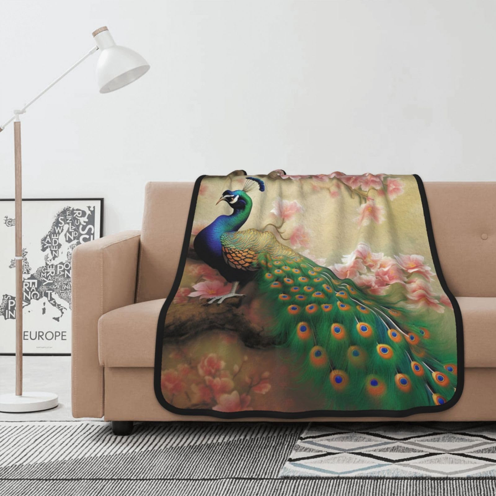 Couverture polaire douce en flanelle haut de gamme au motif paon artistique