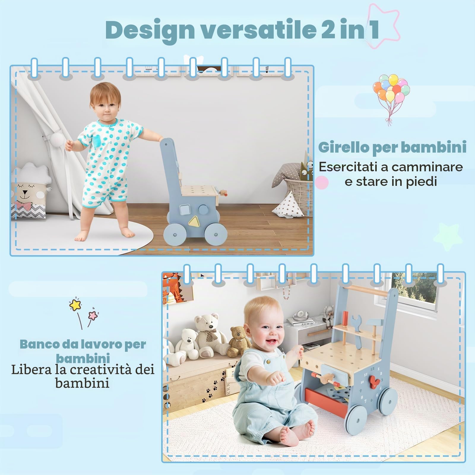 LIFEZEAL Girello Neonato in legno, Primi Passi per Bambini con Giocattoli Montessori, Carrello Primi Passi con Ruote, Gioco per Camminare, Carrellino con Banco da Lavoro per Bimbi da 3 Mesi (A)