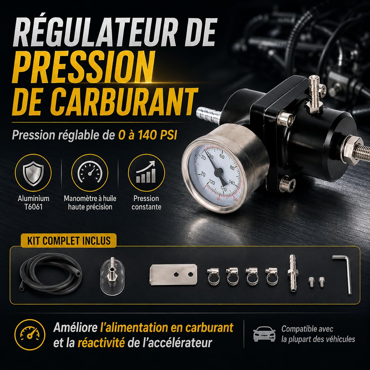 Regolatore di Pressione Universale per Benzina, Set di Regolatore di Pressione del Carburante 0-140psi Regolabile Valvola di Regolazione della Pressione del Carburante con Manometro