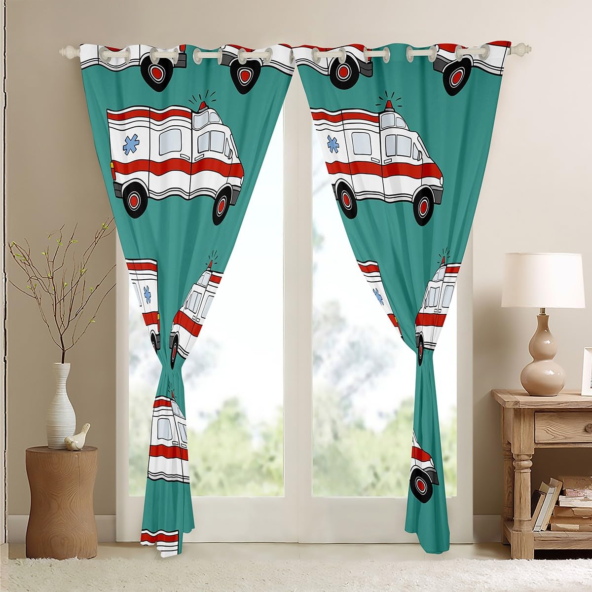 Feelyou Ambulance Darkening Dreapes Car Curtains For Bedroom Living Room Decor Cartoon Car Blackout Curtains Microfiber Emergency Responder Vehicles Green Window Treatments (2 Panels, 42 X 63 Inch