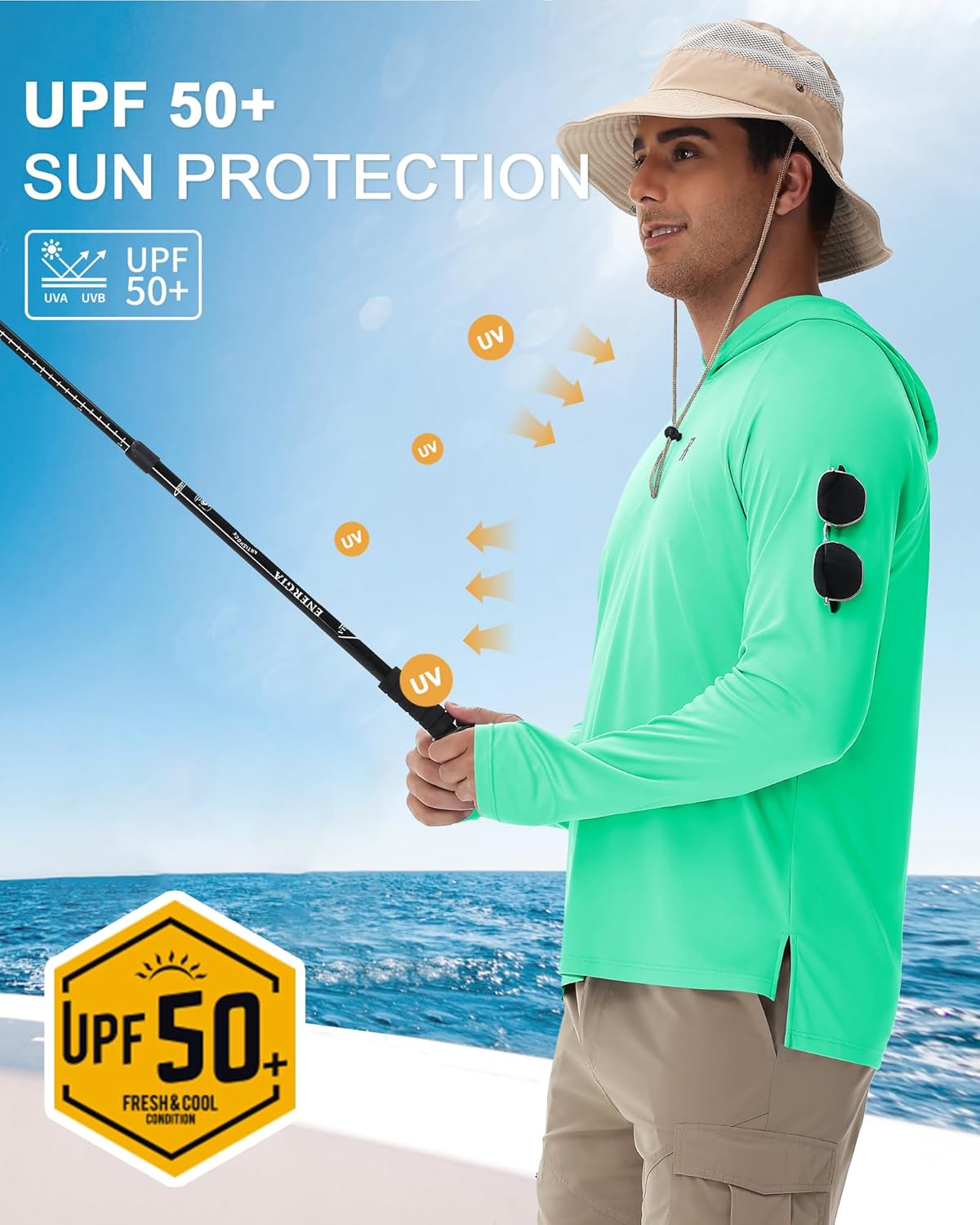 Runhit UPF 50+ Fishing Shirts for Men, Long Sleeve Sun Protection Lightweight Hoodie, UV Hiking Running Rash Guard - Image 2