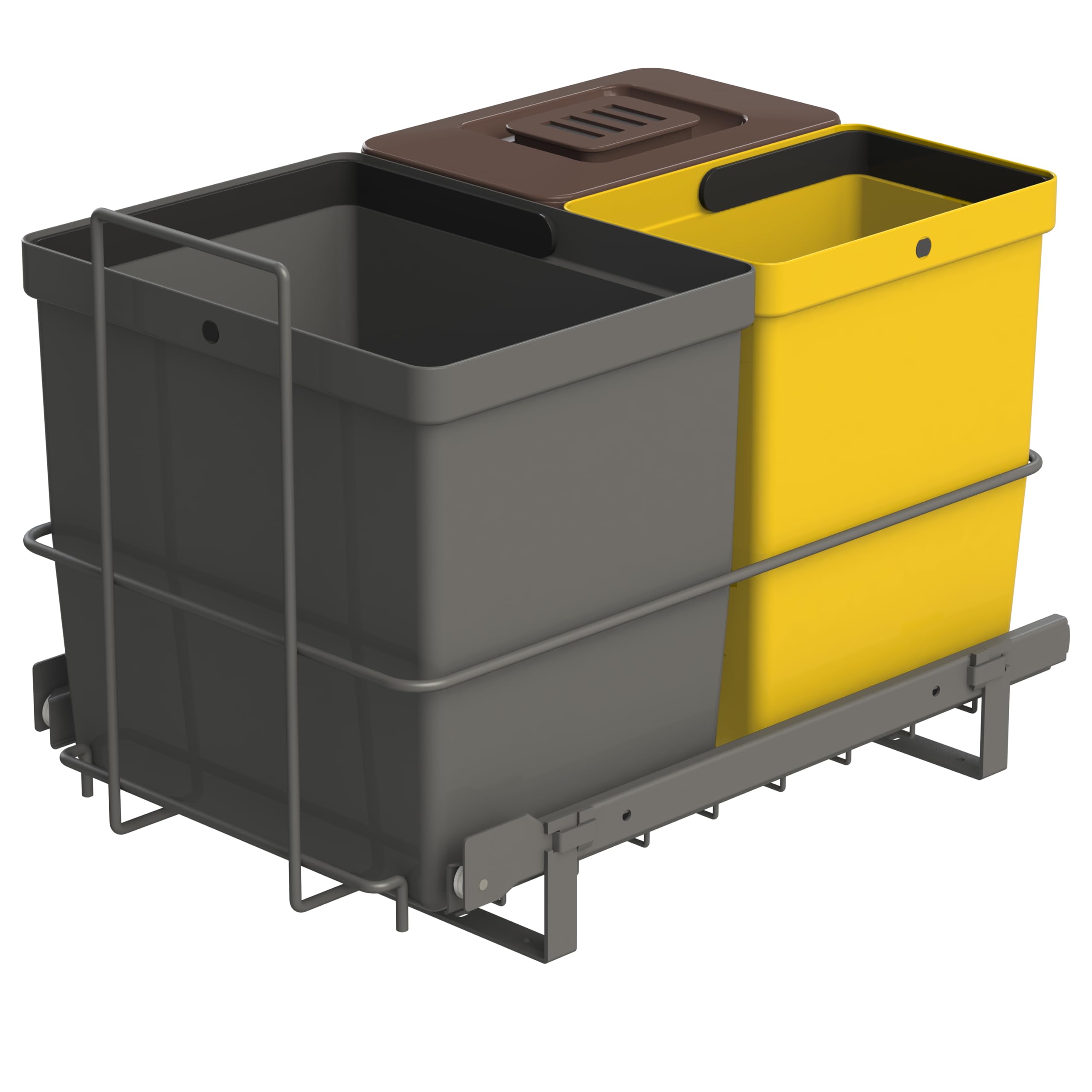 LM 79/3A Mülleimer Küche Unterschrank ausziehbar 3 Fächer Biomülleimer, Mülltrennsystem 16L anthrazit 8L gelb 8L braun mit Deckel, Küchenschrank Abfalleimer Gelber Sack Made in Finland, 332x480x355 mm