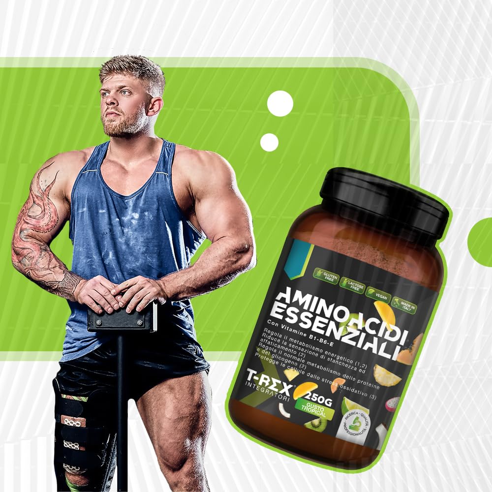 EAA Aminoacidi Essenziali con mix di vitamine B1, B6 ed E - Integratore di amminoacidi naturali vegan ottenuti da fermentazione T-Rex Integratori (Tropical, Polvere)