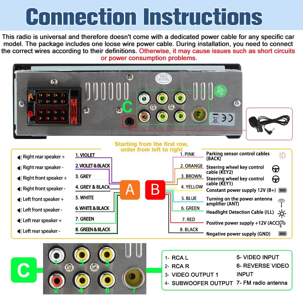 Universal Single Din Car Stereo with Wireless CarPlay & Android Auto, 6.36 Inch IPS Touch Screen Head Unit with Backup Camera/External Microphone, Car Radio Supports Bluetooth/SWC/FM/USB/TF