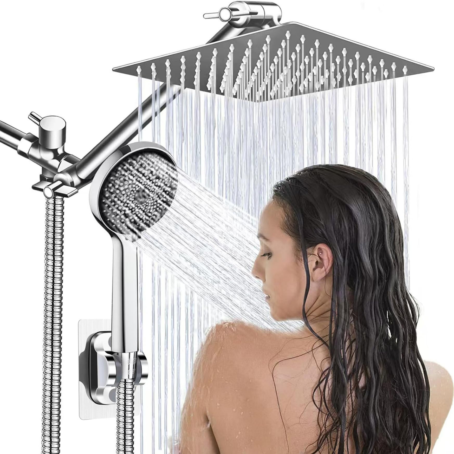 Pommeau de douche haute pression effet pluie d'été avec son tuyau en acier inoxydable 8"