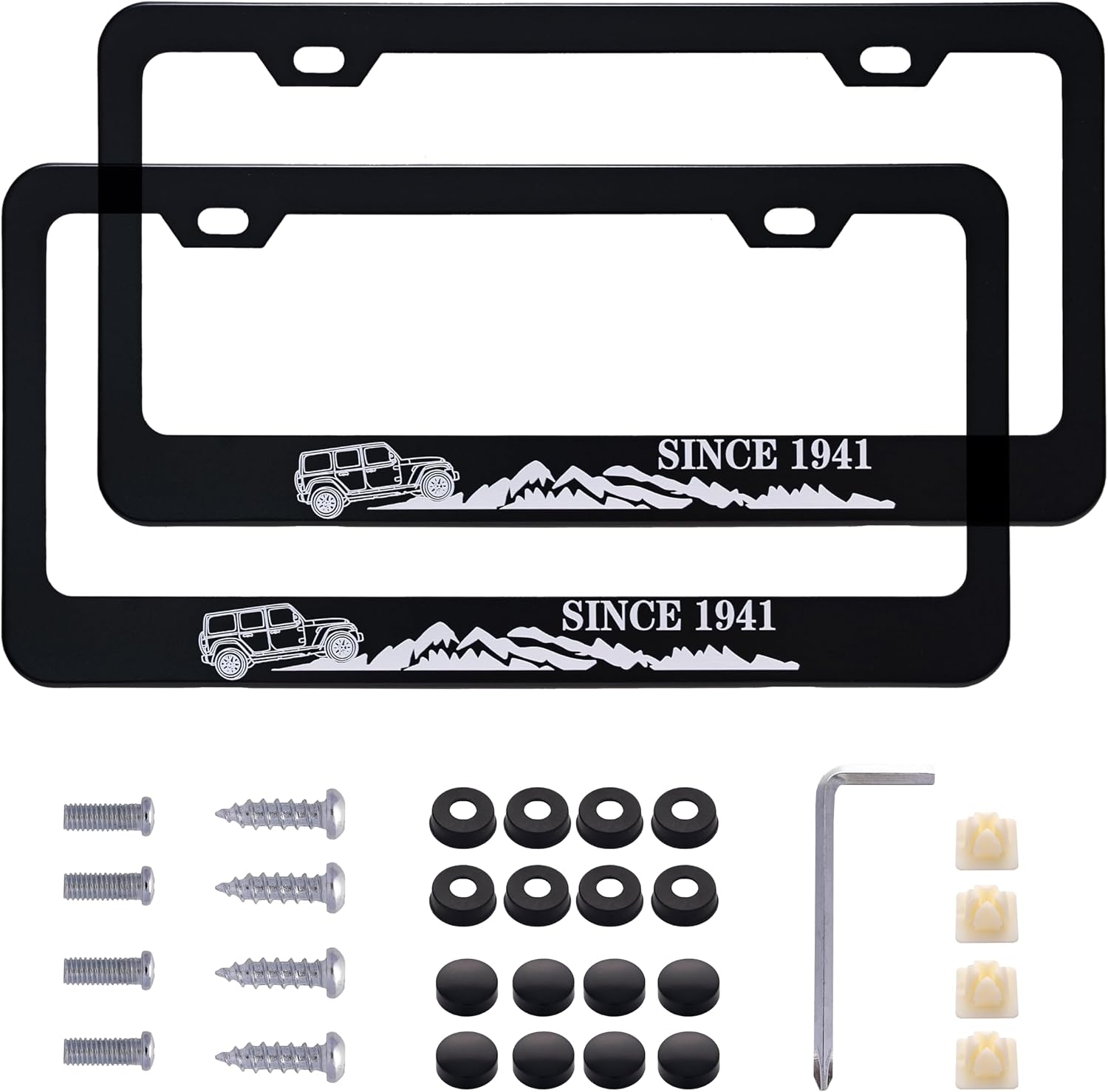 2Pcs Black License Plate Frames Metal Aluminum Material 4 Holes License Plate Screw Caps Set fit for Jeep Wrangler Gladiator