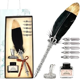 Joyeee Calligraphy Pen with Gift Box, Metal Dip Pen Base, Black quill and ink, Calligraphy Cool Gifts for Writing Signature or Gift Wedding Bridal, Writing Greeting Cards, Signing, Invitation