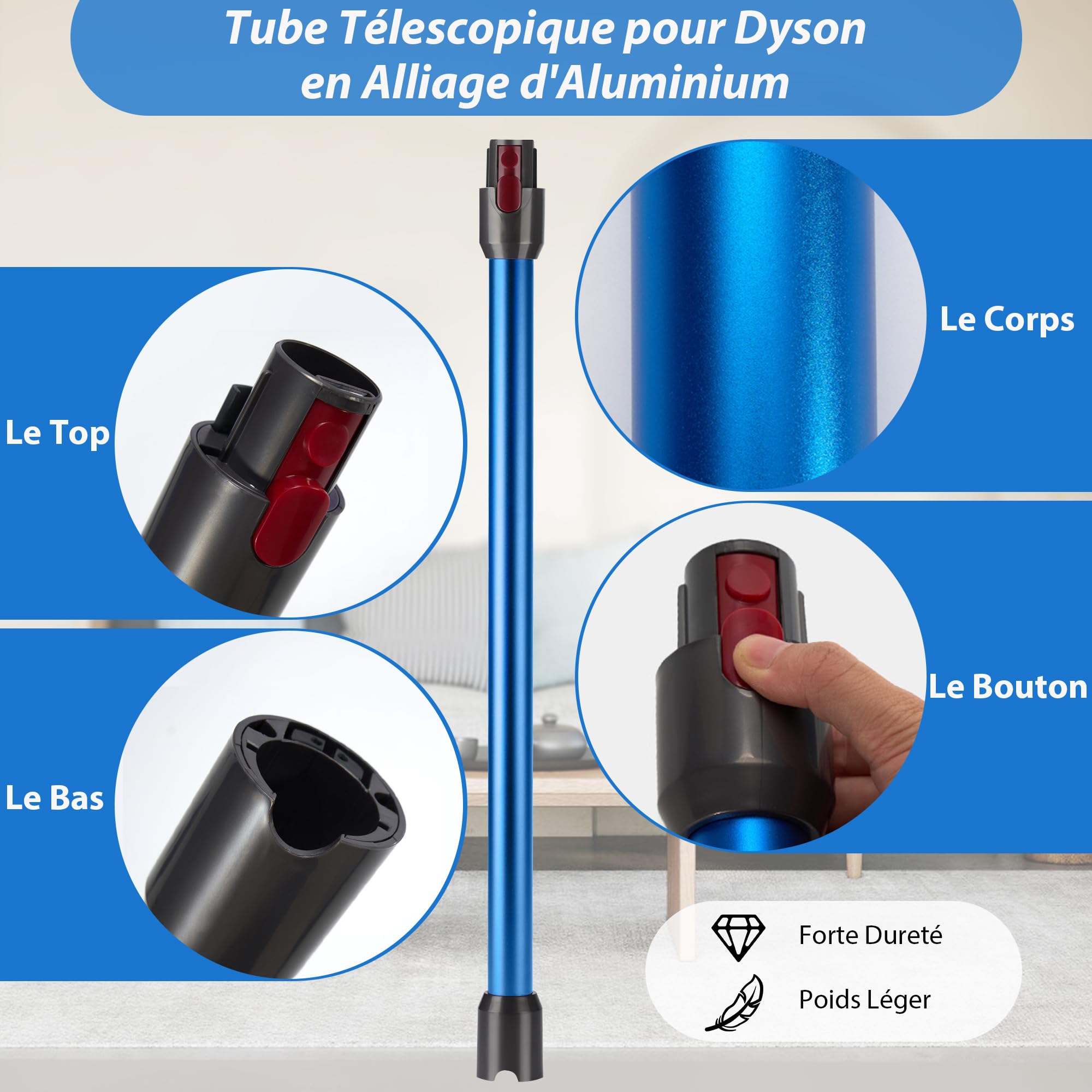 Tube d'Extension Télescopique Dyson Compatible V7 V8 V10 V11 V15 - Avec 2 Filtres et Deux Brosses 2-en-1 - Bleu