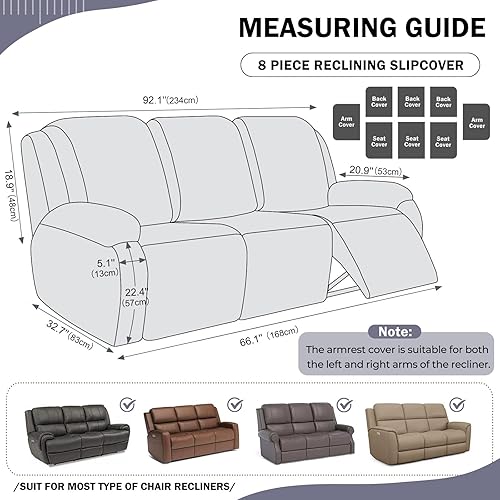 Miniatura 2 de vctops 8 fundas de sofá reclinable de felpa jacquard geométrica, suave, mullida, esponjosa, funda antideslizante para sofá de 3 asientos, protector