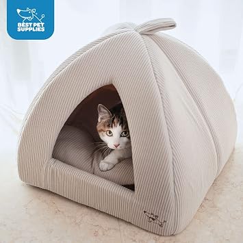 Best Pet Supplies Cat Bed for Indoor Cat, Domed Tent House with Removable Pillow, Covered Cat Cave for Small Dog, Puppies and All Breeds of Cats - Corduroy Beige, 16 x 16 x H:14