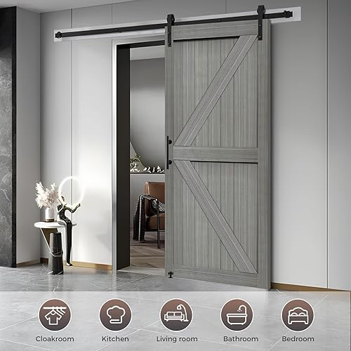 Miniatura 2 de SZ TOPHAND 54 pulgadas x 84 pulgadas Puerta de granero británico anudada de color gris claro con kit de herrajes para puerta corrediza de 10 pies