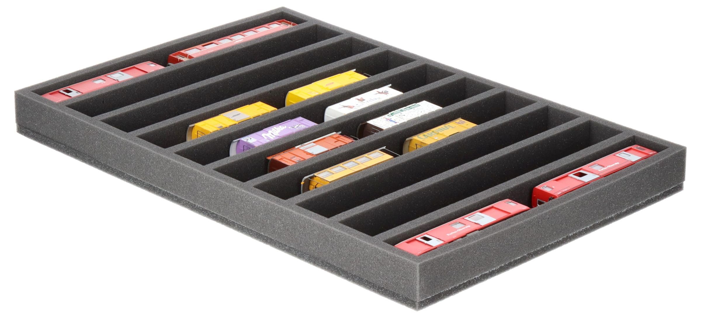 Feldherr Wkładka piankowa do modelowania kolejowego - schody H0m - 10 poziomych przegródek do przechowywania lokomotyw, wagonów i pojazdów - 570 x 370 x 45 mm - JV045A001