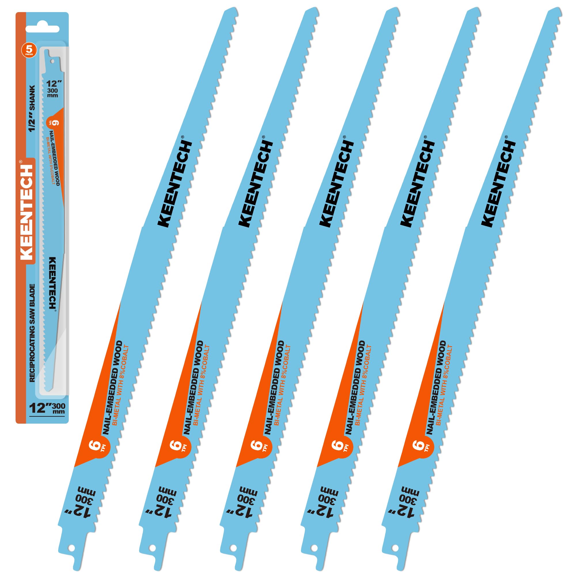 KEENTECH 12 Inch Bi-Metal Reciprocating Saw Blade 5-Pack for Fast Wood Demolition, 6 TPI, Fits Milwaukee Sawzall and Other Reciprocating Saws