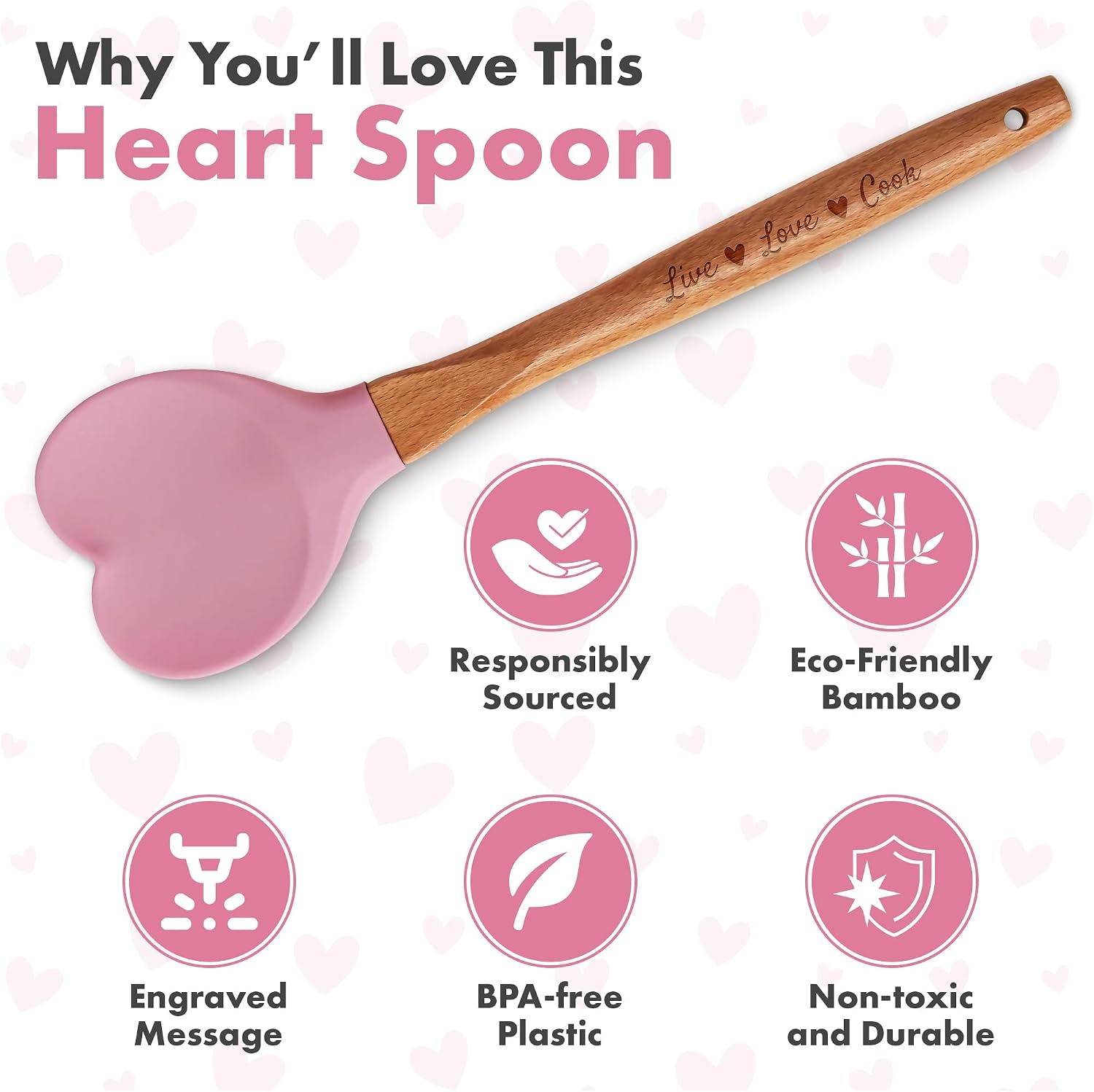 Gorgeous Heart shaped Bamboo Wooden Spoon with an engraved handle and heart shaped base hole for hanging The secret ingredient is Love The perfect addition to a kitchen (Pink Silicone)