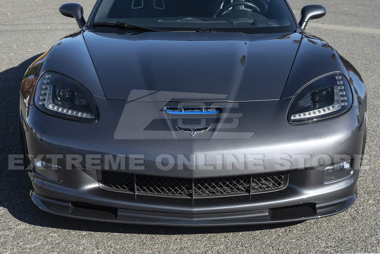 for 2005-2013 Chevrolet Corvette C6 Wide Body Models | ZR1 Style Front Bumper Lip Splitter with Side Skirts Rocker Panel Mud Flap Pair (ABS Plastic - Hydro-Dipped Carbon Fiber)