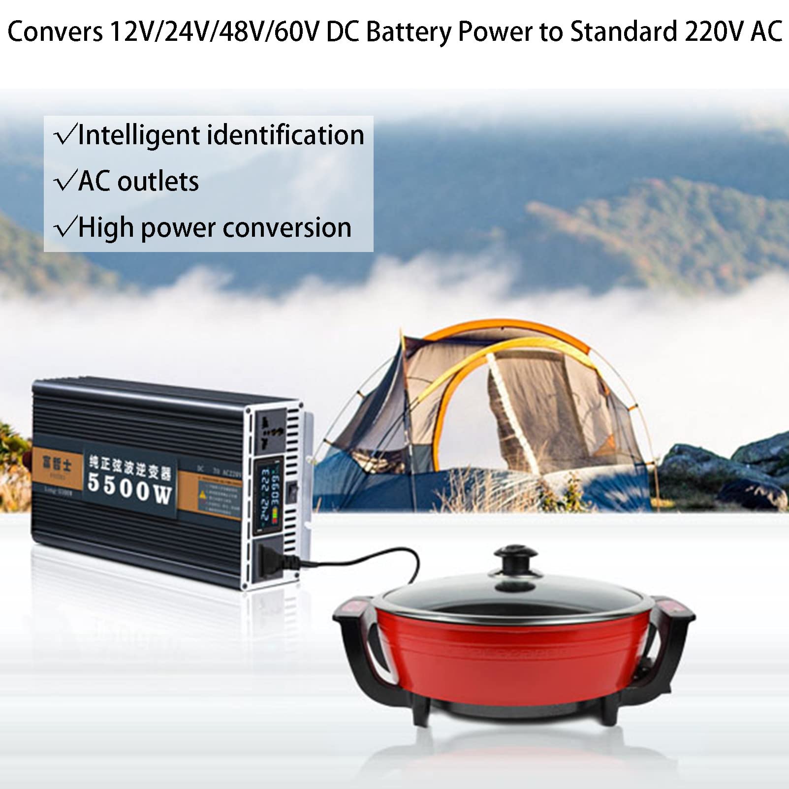 4000W 5000W 5500W 6000W 7000W 8000W 9000W 10000W 12000W Czysta Fala Sinusoidalna Przetwornice mocy DC 12V24V48V60V do AC 220V z 2 Gniazdami AC Wyświetlacz LCD,4000W-12V