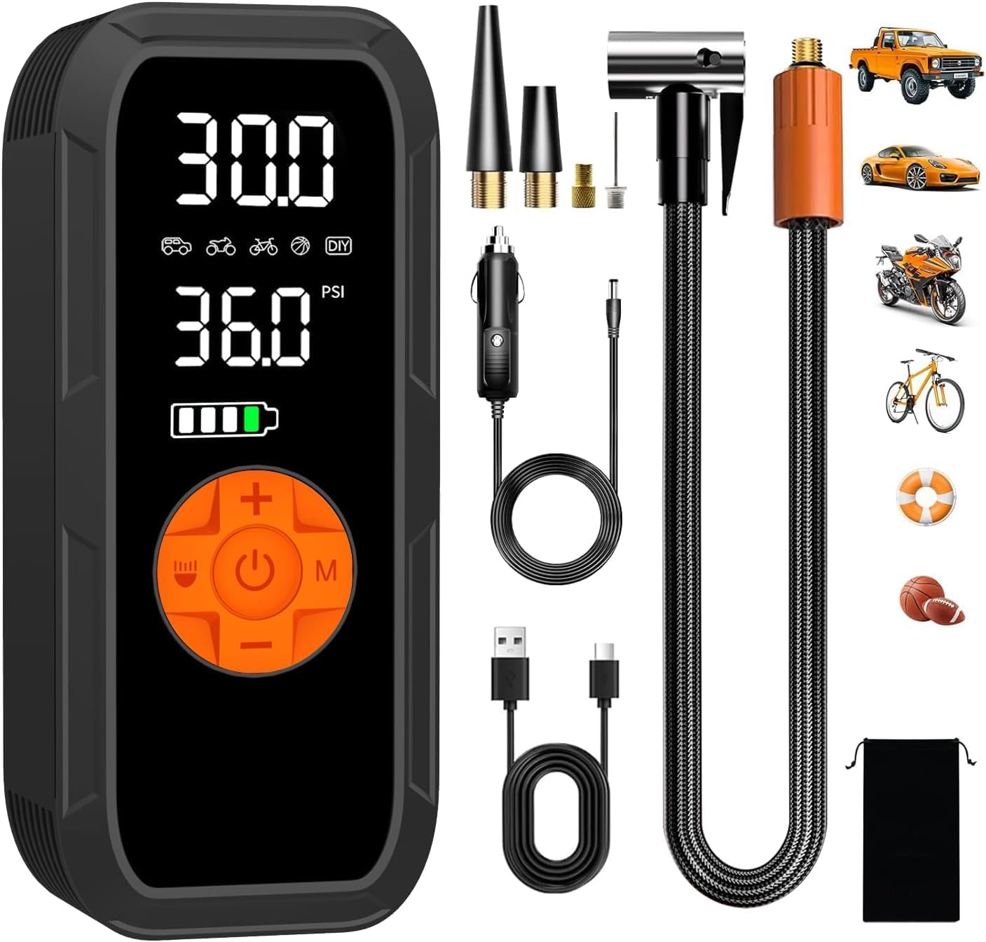 Corded/Cordless Portable Tire Inflator 12V DC, Portable Air Compressor 150PSI 6000mAh Long-Lasting Battery Rechargeable Electric Tire Pump, Digital Display & Dual LED Light for Car, Motor, Bike, Ball