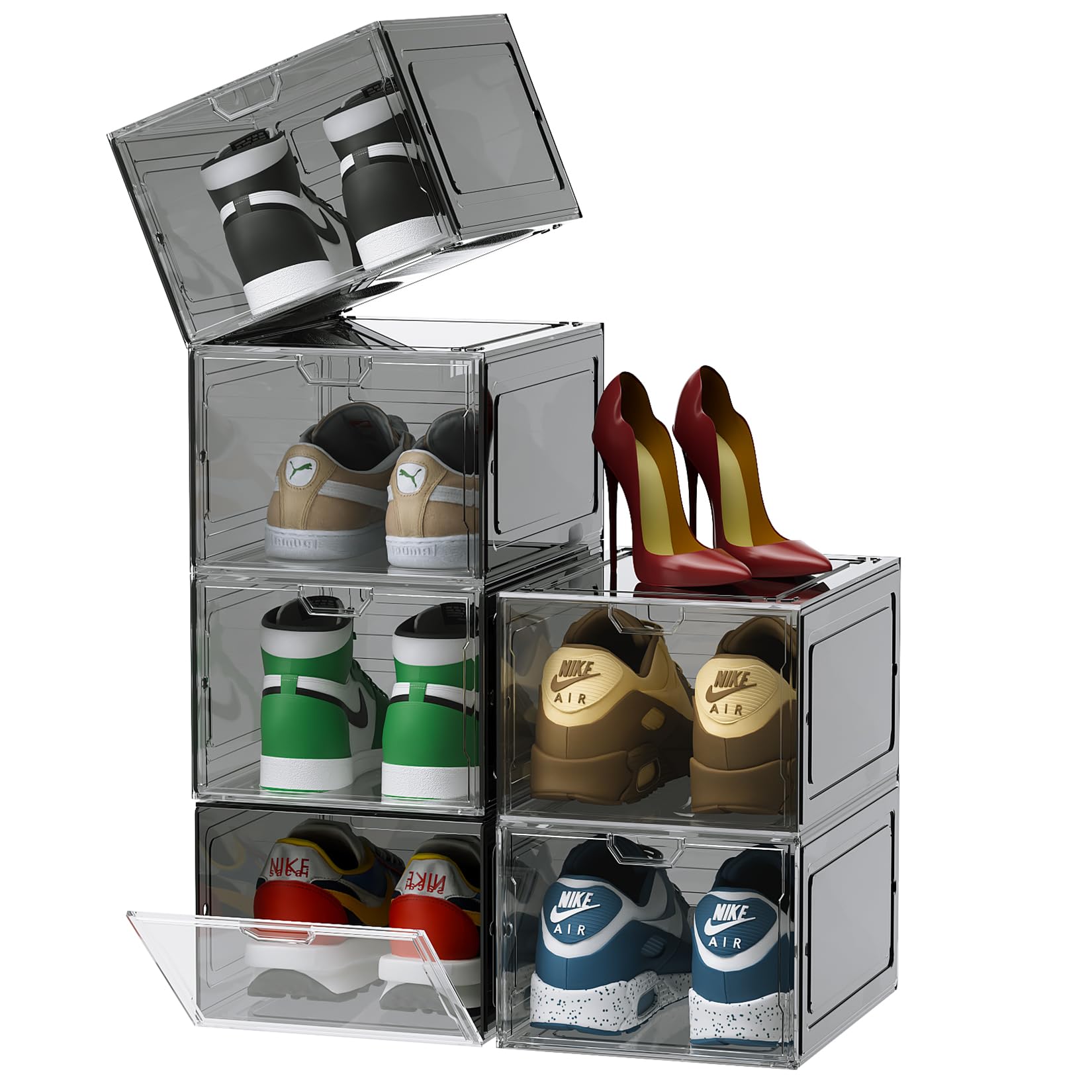 Cajas para Zapatos Transparentes, 6 Cajas de Zapatos,Organizadores Plegables,Apilables, para Exponer Zapatillas, Tacones Altos, Transparente y Negro con tapas para Mujeres/Hombres（33.5x25x18cm）