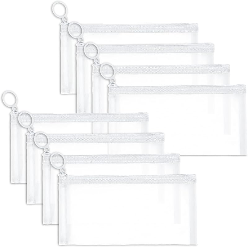 Fassave Pacote com 8 necessaires de tela de nylon com zíper, tamanho M, brancas