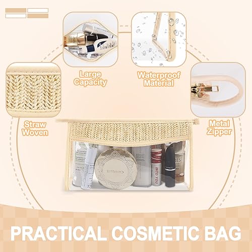Miniatura 3 de Pequeñas bolsas de maquillaje transparentes de paja bohemia para mujeres y niñas, bolsa de cosméticos con cremallera de chenilla, bolsa de parche de