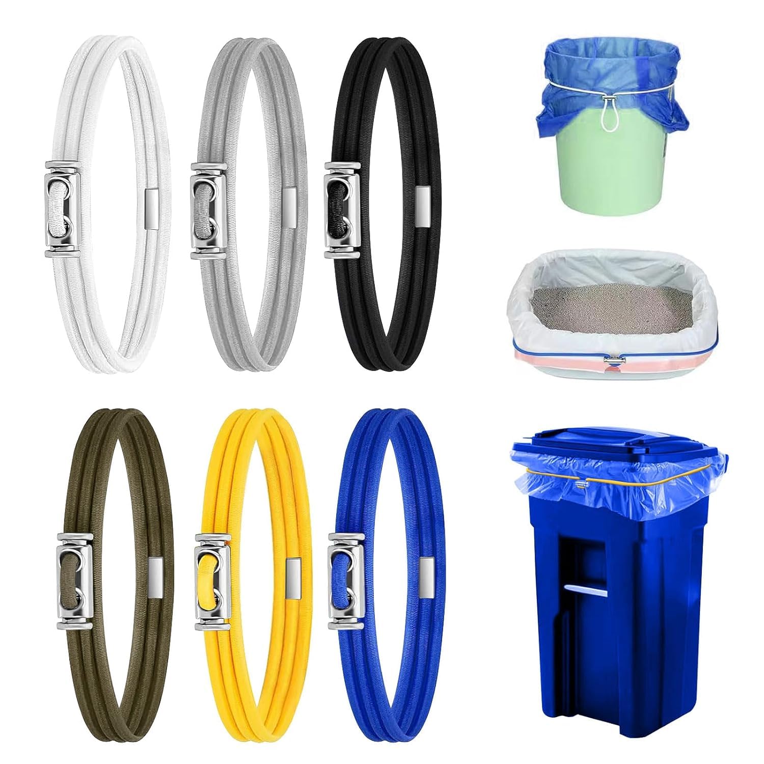 Trash Rubber Bands Set of 6, Adjustable Trash Can Rubber Bands, Fits 8-33 Gallon Trash Cans, Homewares Colorful Litter Box Rubber Band Good for Home Office School Indoor and Outdoor, 6 Colors