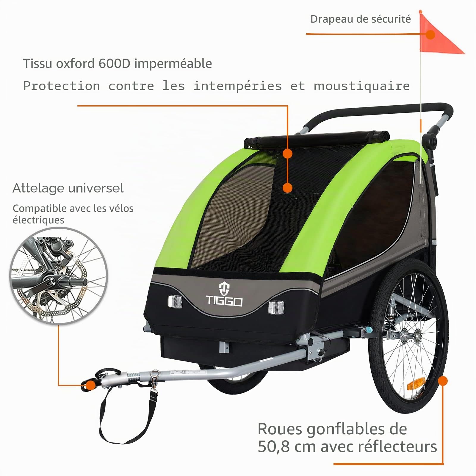 Tiggo S2 Remorque pour Enfants 2 en 1 Velo Suspension 5 Points Ceinture de securite 360° Roue Jogger Poussette