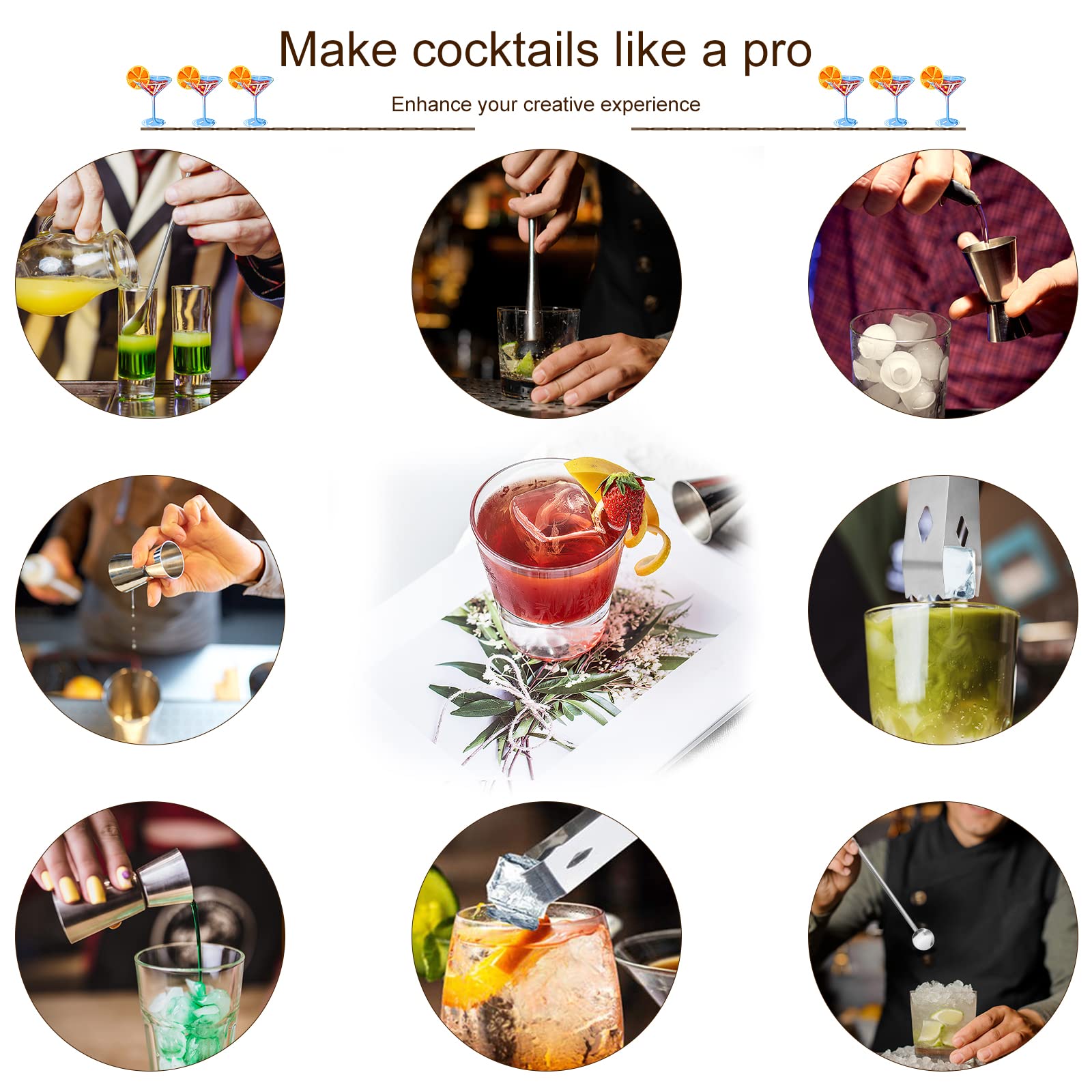 Juego de 4 accesorios de cóctel, mojito, cuchara mezcladora, clip de hielo y vaso medidor