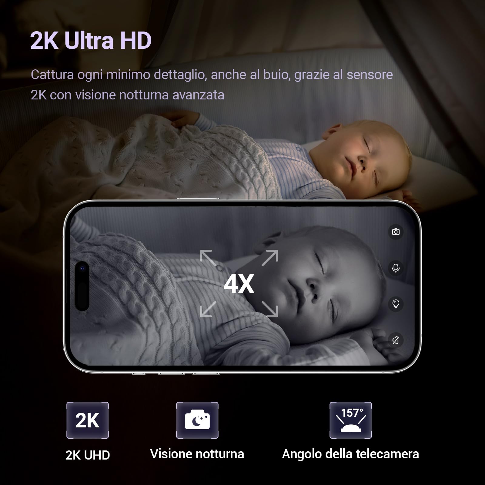 Telecamera Monitor Intelligente per Bambini - Soluzione AI Avanzata Senza Sensore, con Rilevamento del Pianto, Movimenti e Zone Sicure, Visione Notturna HD 2K, Audio Bidirezionale(Culla)