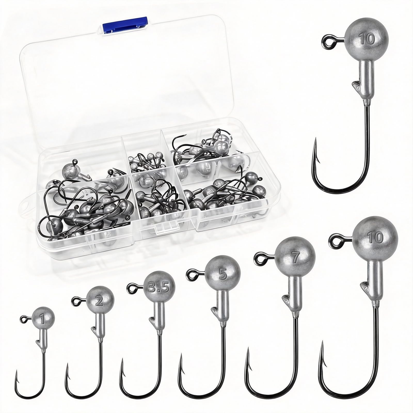 Anzuelos de Pescas Set, 52 Piezas Unidades Anzuelos con Round Jighead 6 Tamaños (1g/2g/3,5g/5g/7g/10g), Jigköpfe Angelhaken para el Cebo Suave, Pesca de Trucha de Lubina
