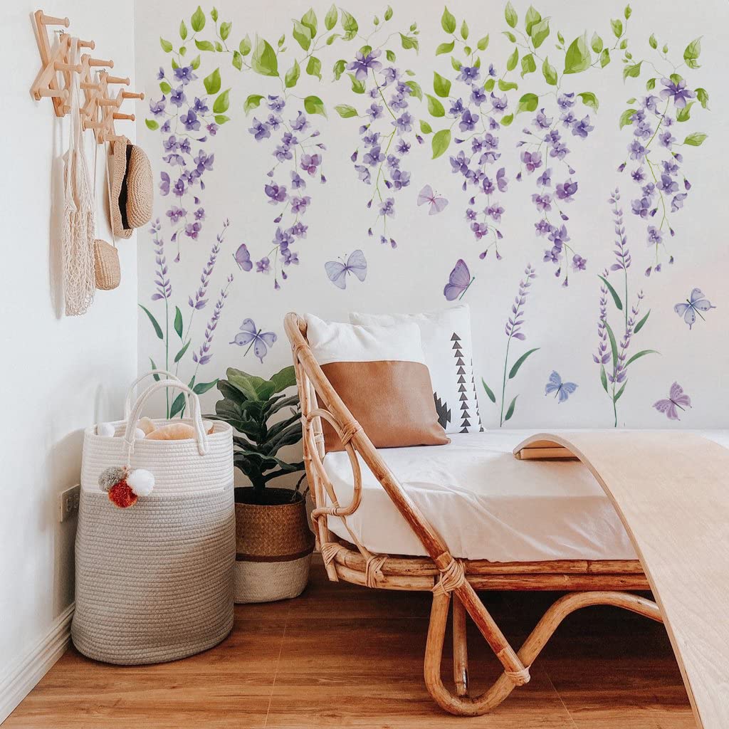 Purple Wisteria Flower Wall Decals - Large Hanging Vine Stickers For Room Decor & Nursery