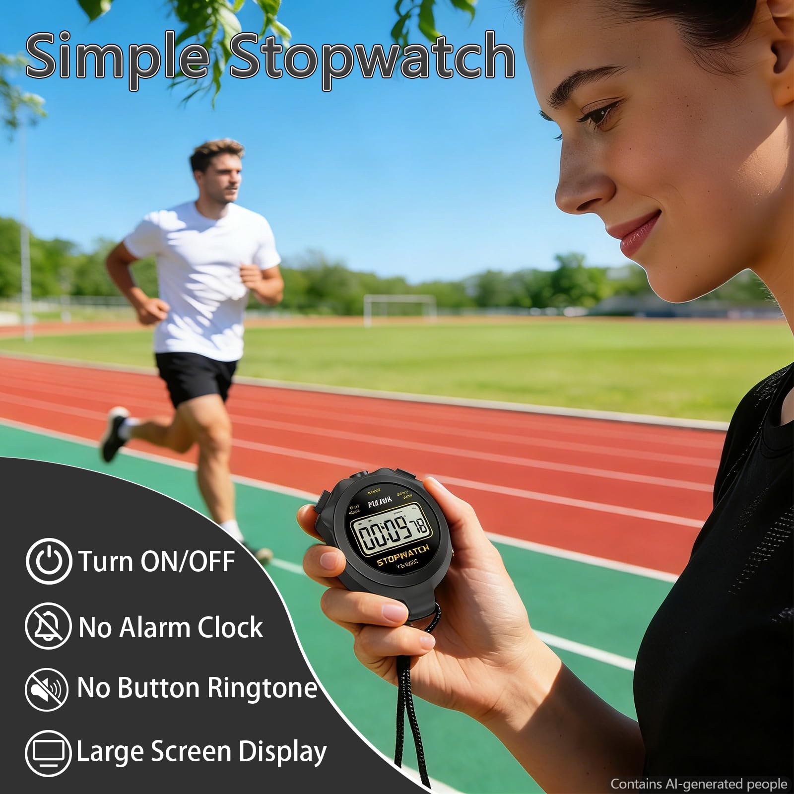 Chronometre Sport Numerique Noir avec Bouton Marche/Arret et Fonction Silencieux