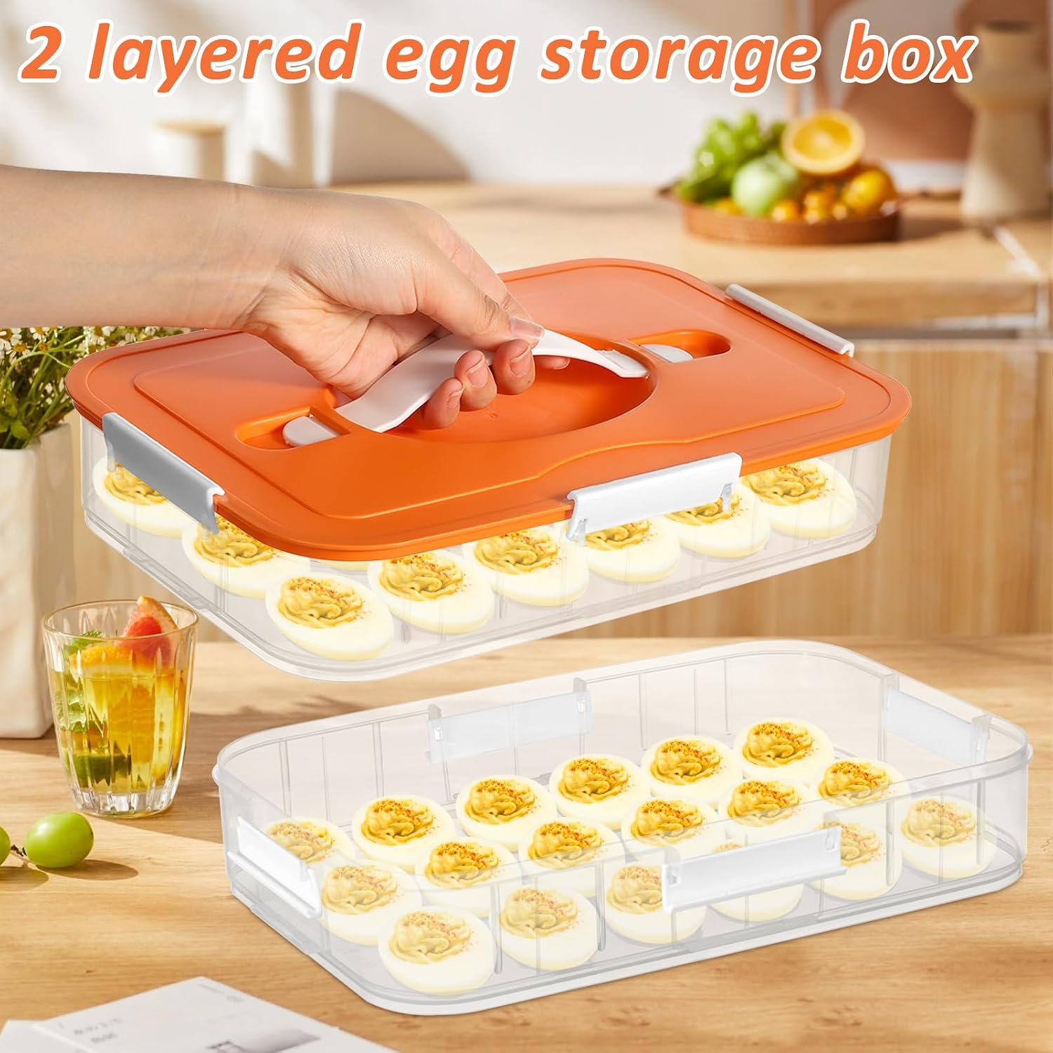 2-Layer Deviled Egg Containers with Lid, 36 Slots Plastic Detachable Egg Tray Carrier with Handle, Clear Eggs Storage Box Portable Eggs Holder for Easter Party Home Kitchen Refrigerator Supplies