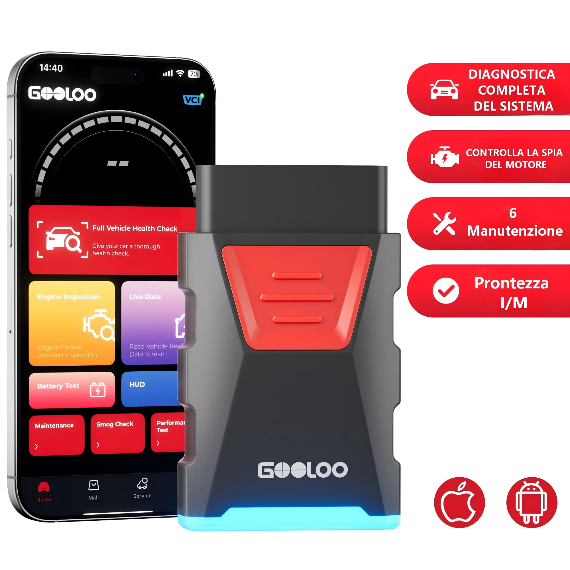 GOOLOO DEEPSCAN DS100 Strumento di Diagnosi OBD2 Completa con Bluetooth, Lettore di Codici per Auto, Guida alla Riparazione, Reset Oil/Throttle/EPB/TPMS/BMS/DPF, Compatibile con iOS e Android