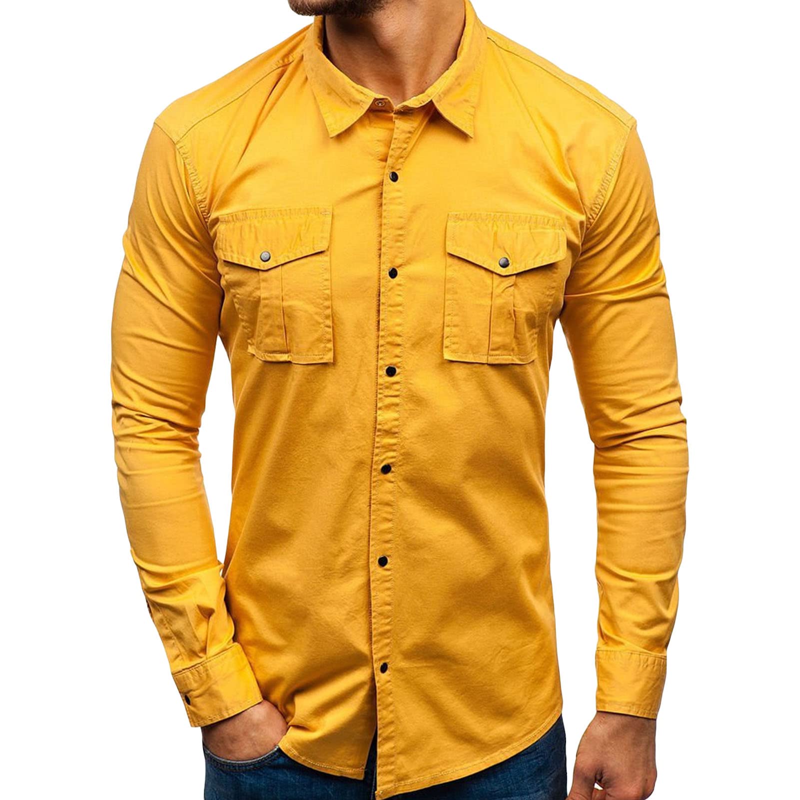 Men Long Sleeve Hiking Shirts Lightweight Tactical Button Down Cargo Shirt Solid Color Slim Fit Shirt with Pockets (Yellow,X-Large)