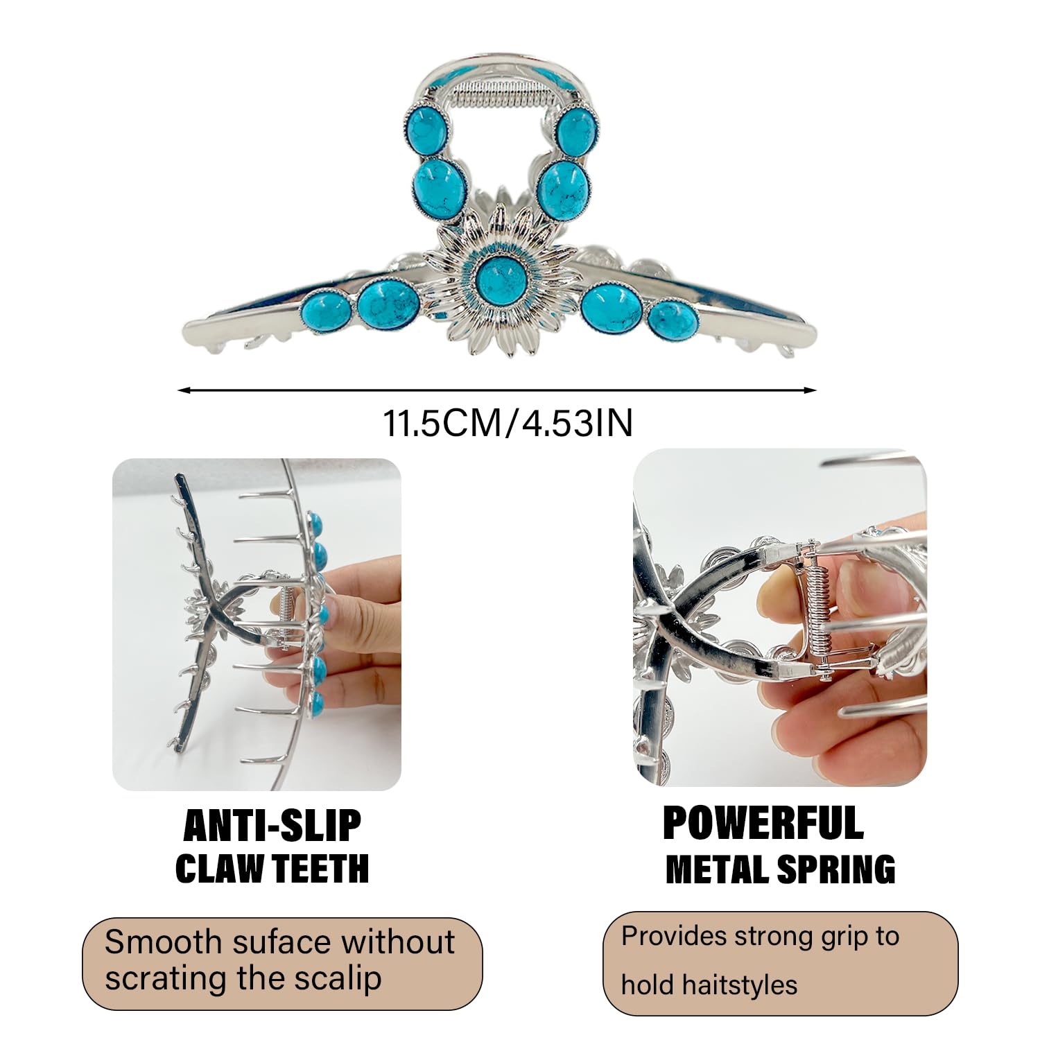 Pinzas grandes de metal para el pelo de 4.5 pulgadas, piedra turquesa plateada, flor del sol, pinza occidental para cabello fino y rizado