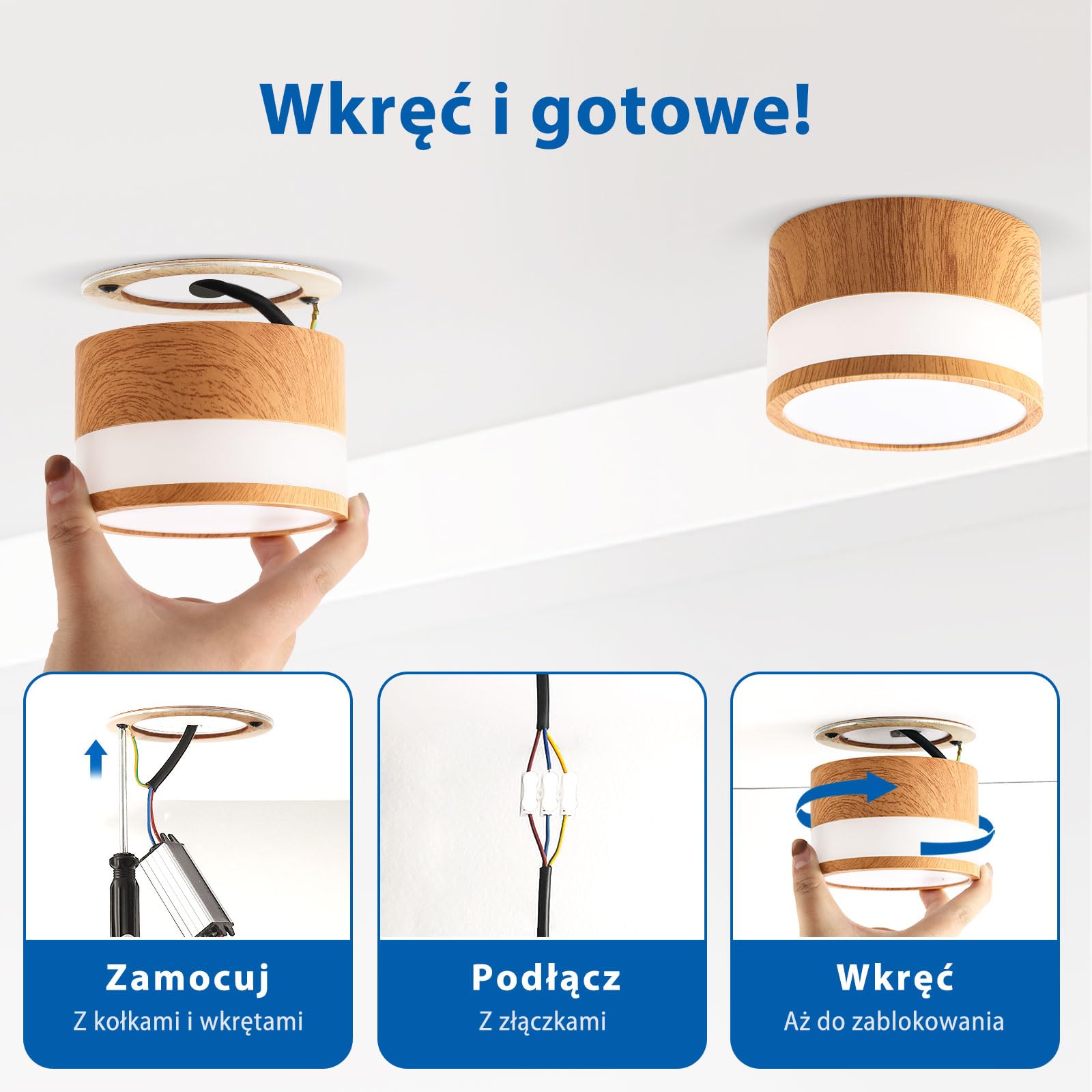 4 szt Reflektor Natynkowy w Stylu Drewna IP44 Wodoodporna, Do Łazienki, Kuchni, Salonu i Holu, LED Ciepła Biel 3000K, 12W 1100LM, Oświetlenie 230V dla Pomieszczeń Wilgotnych