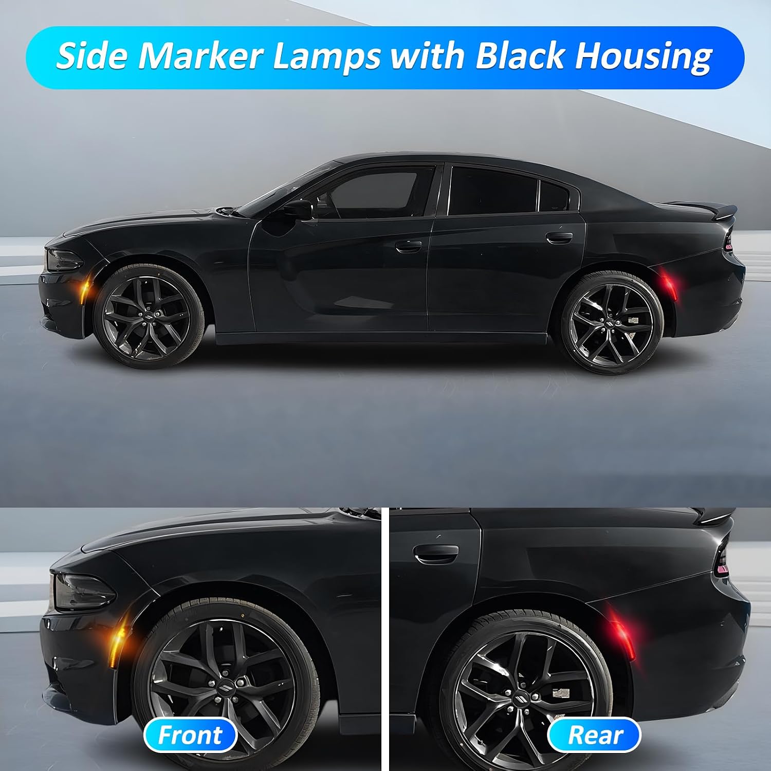 Bestview 4PCS LED Side Marker for Dodge Charger 2015-2021: X-style Led Bumper Marker Lamps, Amber Front & Red Rear Fender Side Markers Lights, Waterproof Sidemarker Light Kit Smoke Lens Assembly