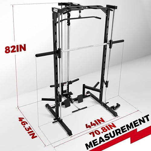 Vista 4 de RitFit Smith Machine Power Rack with LAT-Pull Down System, Landmine, Barbell Bar, Plate Storage Pegs and More Training Attachment