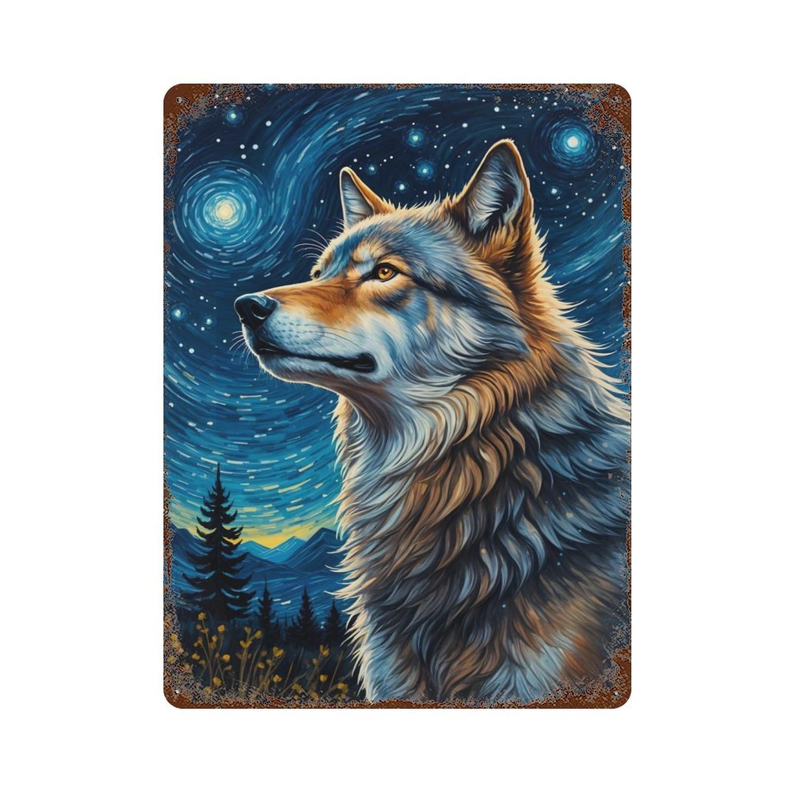 Wolf Starry Night Distressed Metal Wall Sign 15.7"x11.8", Industrial Home Decor for Garage, Pub Or Kitchen